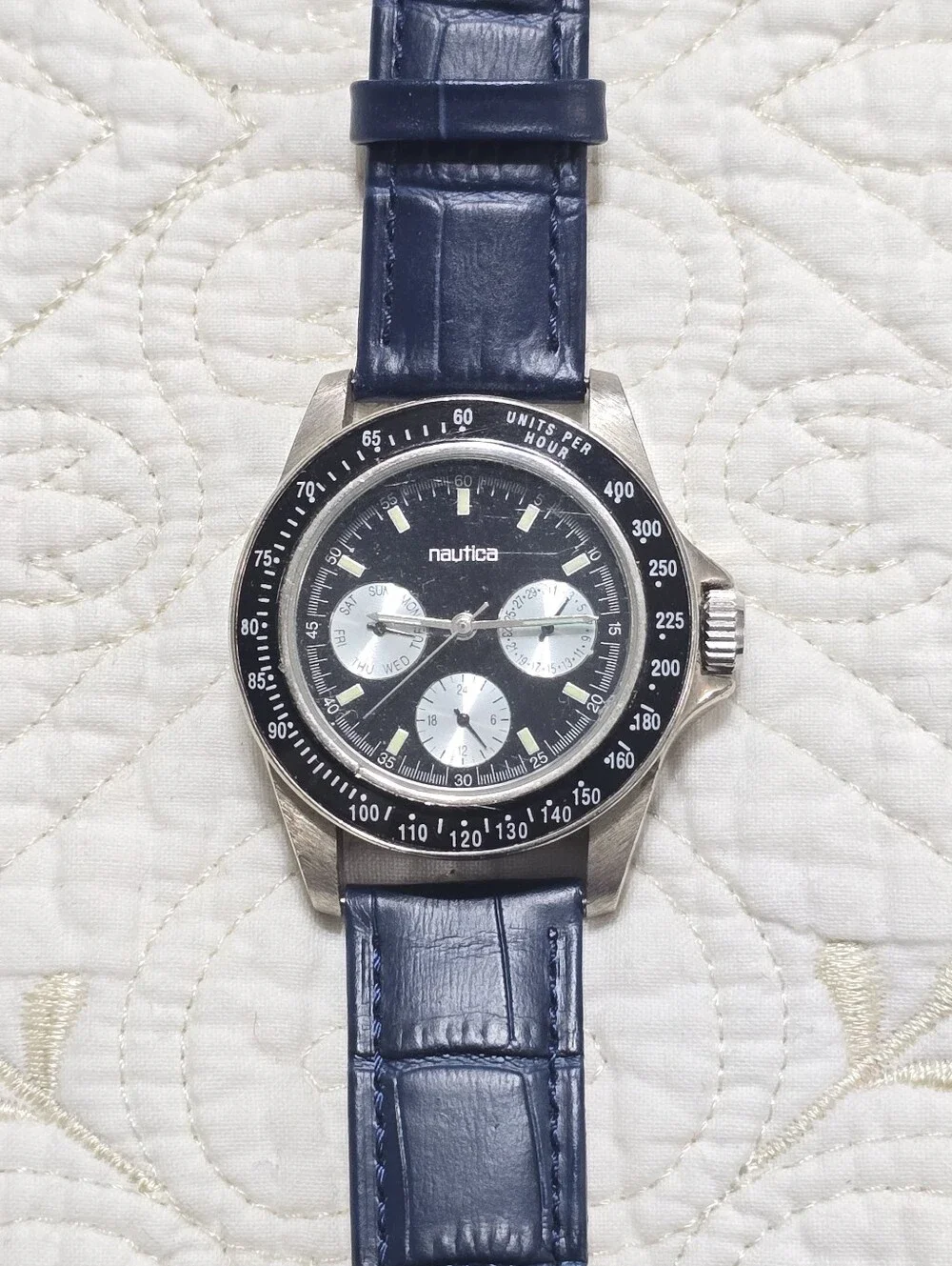 Nautica Chronograph Quartz Watch Men Tachymeter Navy Blue Subdials Leather Strap